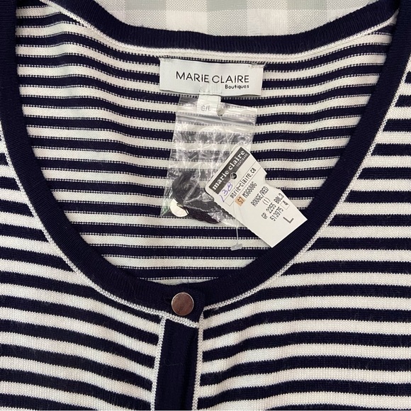 MARIE-CLAIRE nautical cardigan navy blue white striped red knit Large coastal - Picture 5 of 13